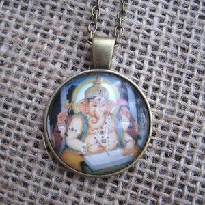 Ganesha Writing Glass Cabochon Pendant Necklace